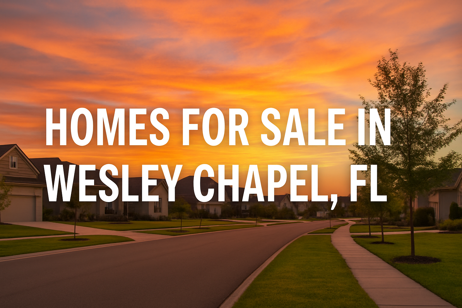 A peaceful suburban street in Wesley Chapel, FL, during sunset, with modern single-family homes, well-manicured lawns, and orange-pink skies, representing the thriving real estate market.