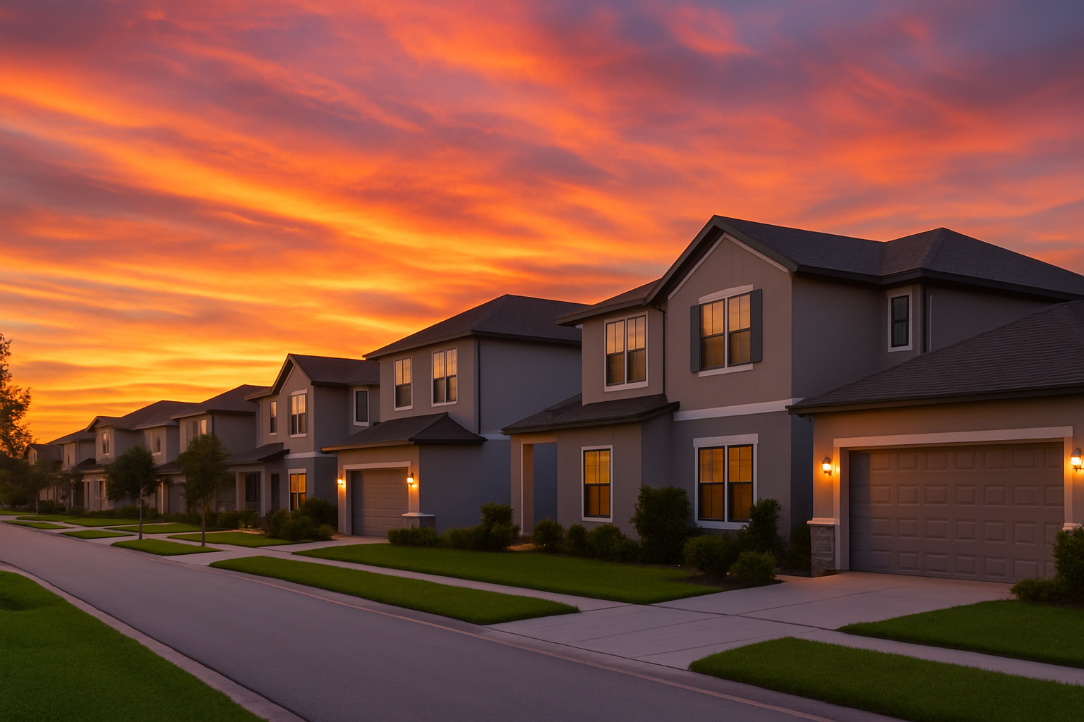 A row of modern suburban homes in Wesley Chapel, FL, with glowing exterior lights and manicured lawns, set against a vivid orange and purple sunset sky, representing the warmth and appeal of its top master-planned communities.