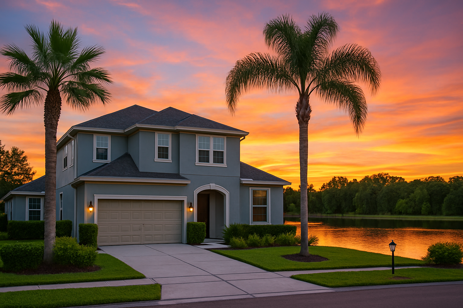 A modern two-story home with lakefront views in Lutz, FL, surrounded by lush greenery and tall palm trees, glowing in the warm colors of a sunset, showcasing the upscale residential variety in the area.
