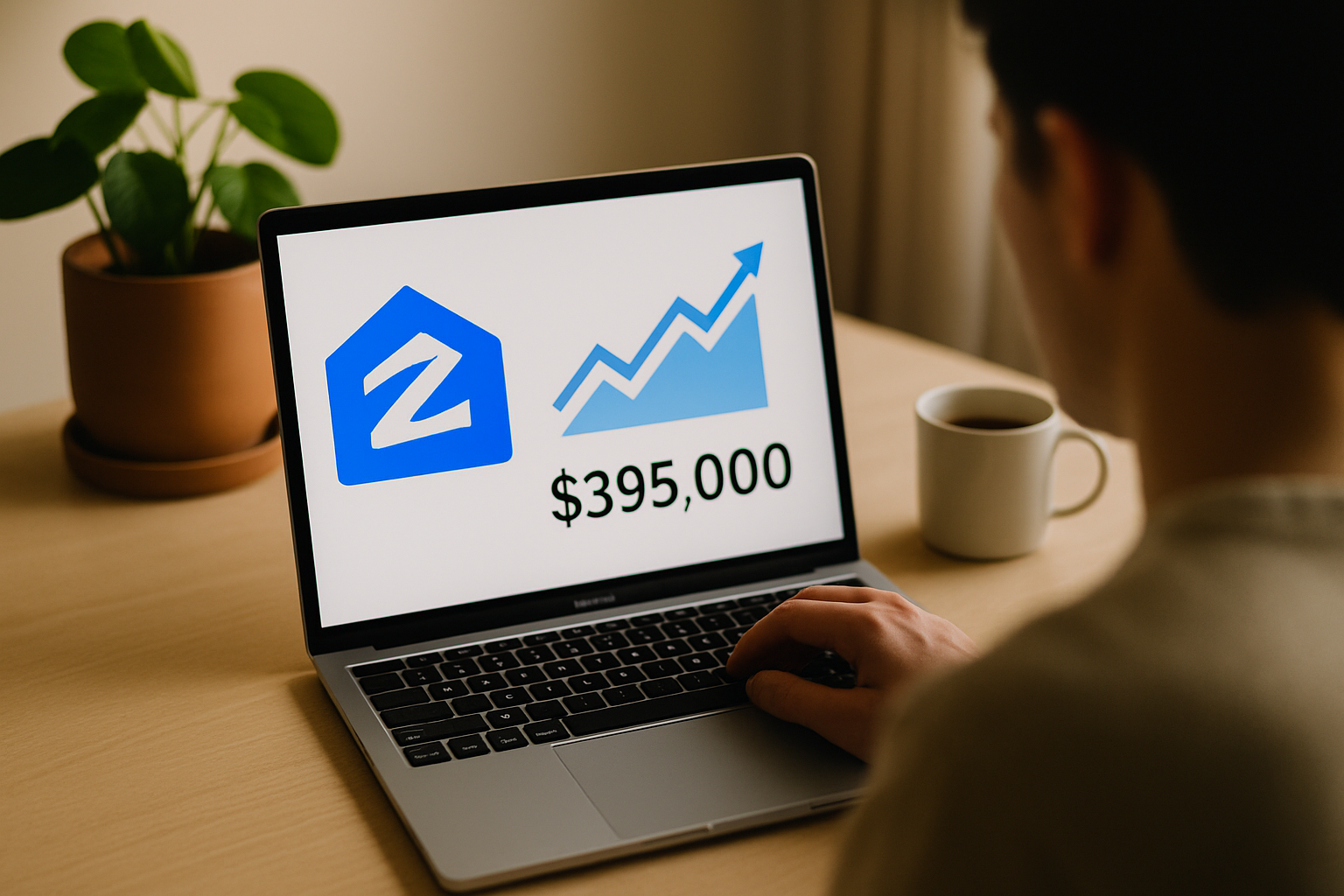 A person uses a MacBook displaying a Zillow estimate of $395,000 next to a blue market trend graph, with a coffee mug and potted plant nearby, capturing the thoughtful and casual use of online home value tools.