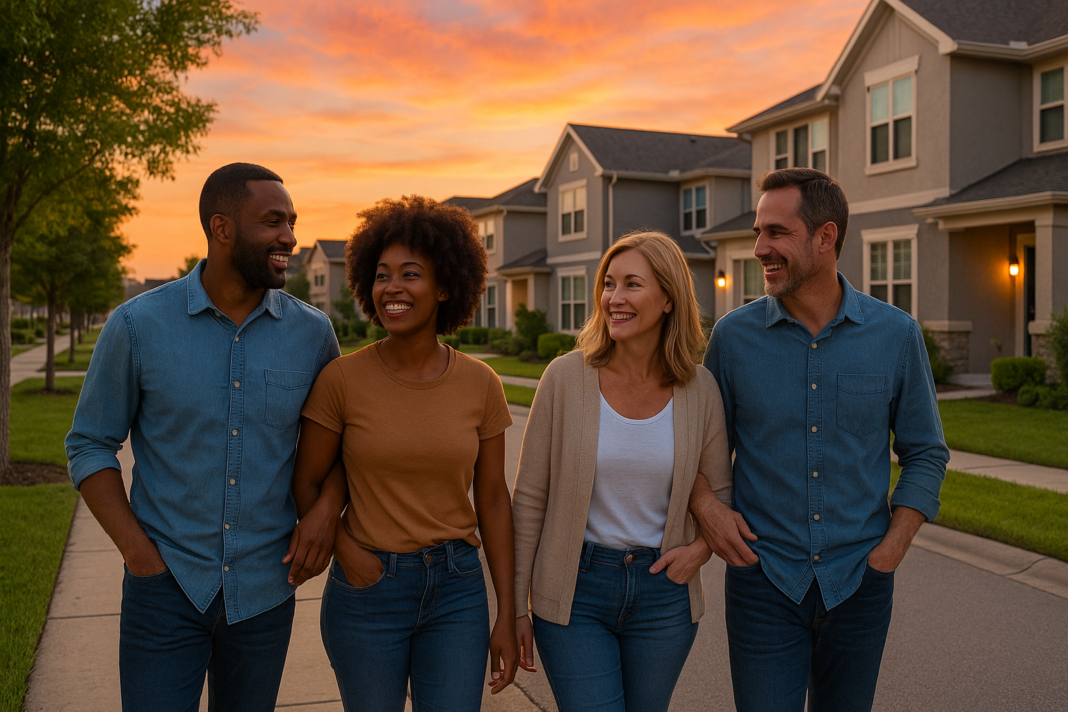 A diverse group of adults walks together down a suburban street in Wesley Chapel, FL, smiling and engaged in conversation. Behind them, well-maintained homes and a glowing sunset create a welcoming and vibrant atmosphere, representing the varied homebuyer demographics in the area.
