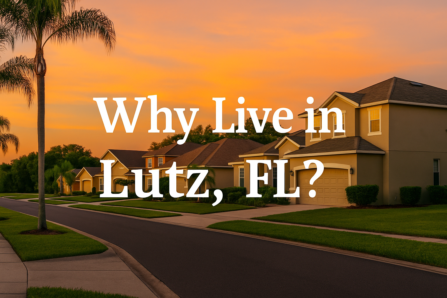 A scenic suburban street in Lutz, Florida, at golden hour, with well-manicured lawns, palm trees, and charming modern homes, highlighted by vibrant sunset skies and overlaid text reading "Why Live in Lutz, FL?" to illustrate the area’s tranquil and upscale atmosphere.