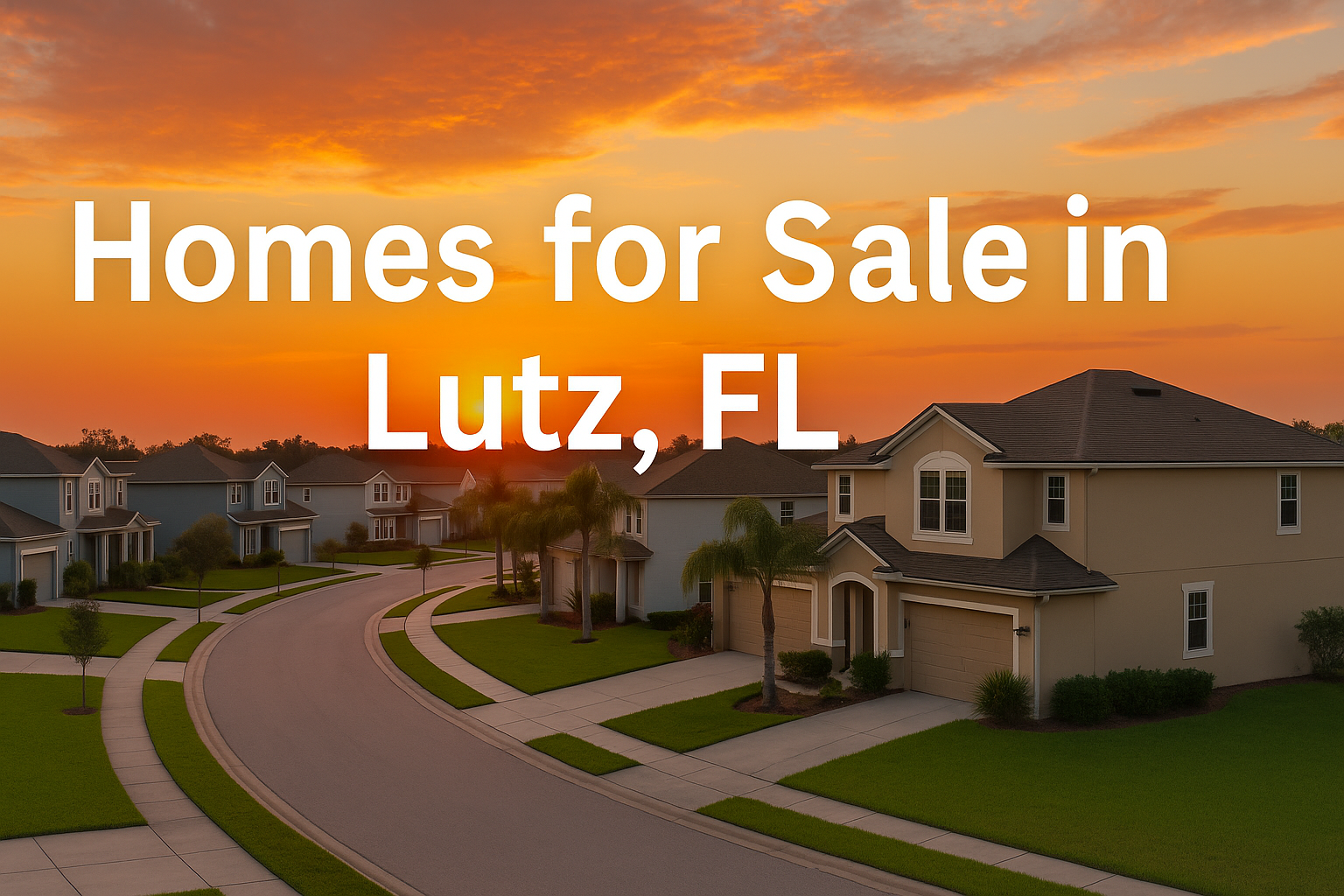 A high-resolution image of a suburban street in Lutz, Florida at sunset, showcasing beautiful single-family homes, palm trees, and a peaceful atmosphere, with the text “Homes for Sale in Lutz, FL” prominently displayed.