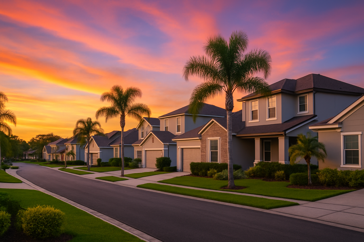 A high-resolution image of a quiet suburban neighborhood in Lutz, Florida, showing well-maintained modern homes and tall palm trees under a stunning sunset sky, reflecting the peaceful and upscale residential environment.