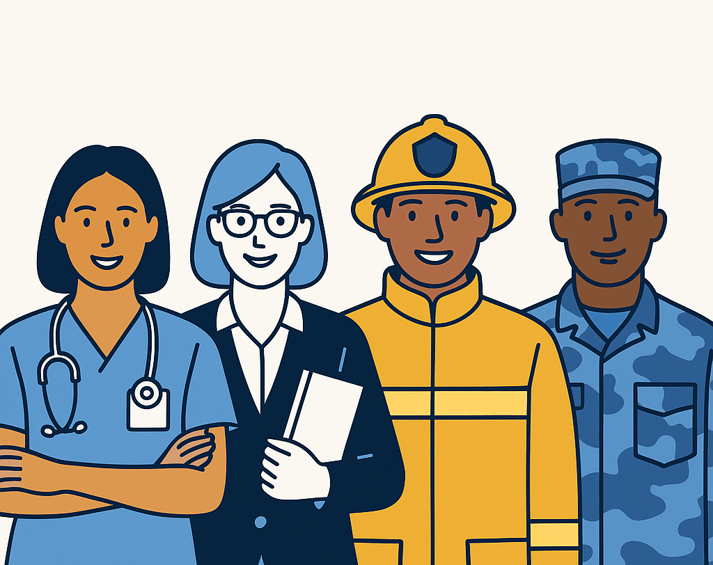 Flat-style vector illustration of four hometown hero professionals — a nurse, teacher, firefighter, and military veteran — standing side by side against a neutral background, symbolizing community service and eligibility for the Florida Hometown Heroes Program.