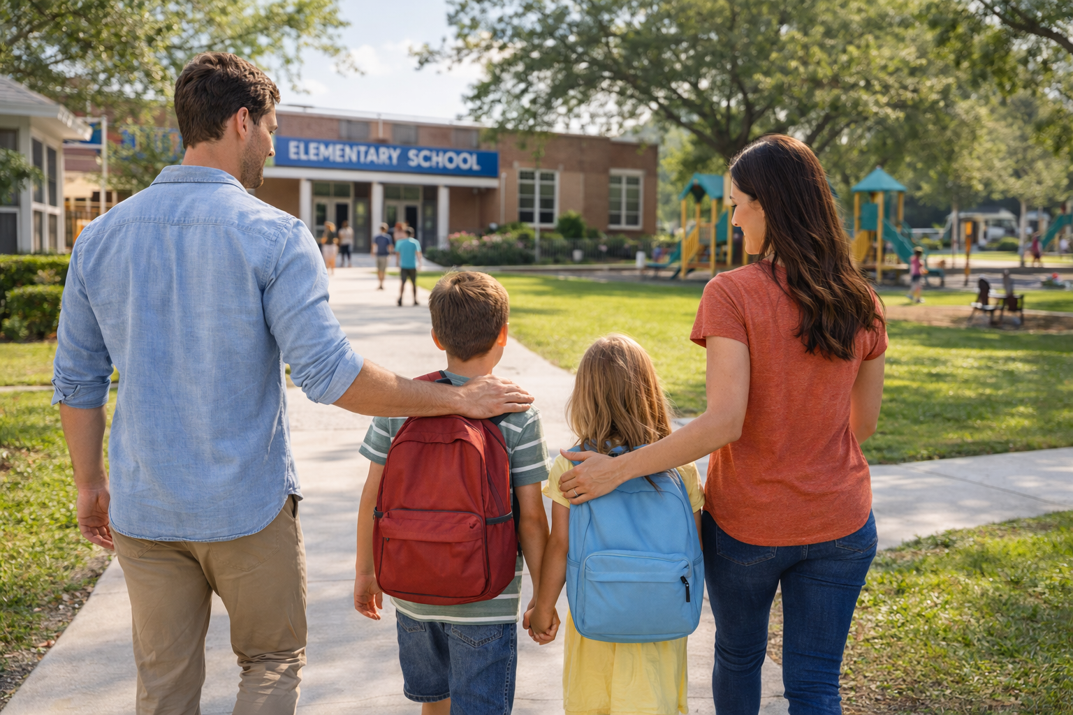 Family walking children near a Tampa neighborhood school and park, representing school zones and family friendly communities in Tampa.