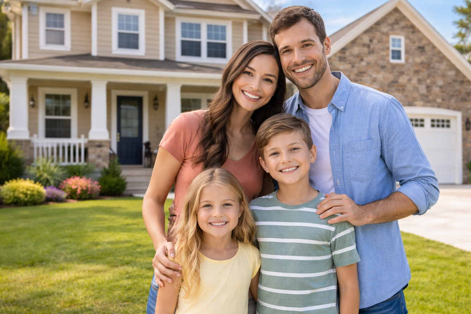 Move up buyers in Tampa standing outside a larger home in a family friendly neighborhood, representing upgrading to a new home with more space.