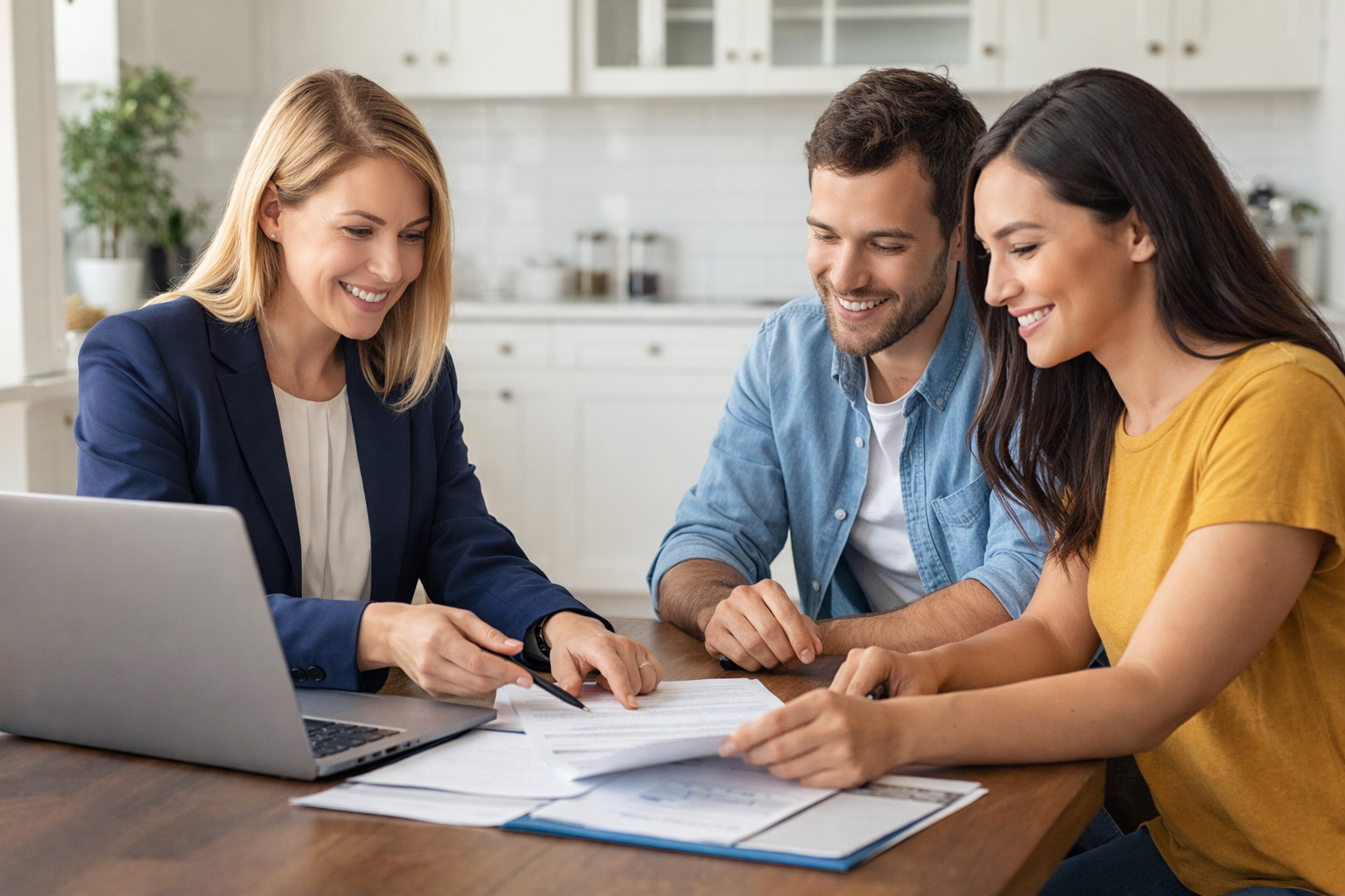 Local Tampa realtor guiding homebuyers through the buying process with documents and a laptop, representing expert guidance and personalized service.