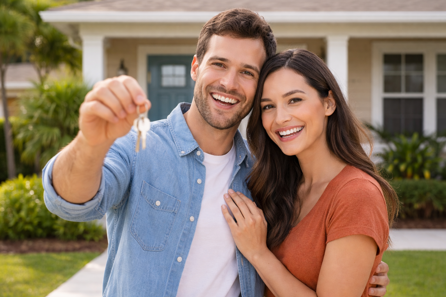 First time homebuyers in Tampa holding house keys and smiling in front of a starter home, symbolizing the excitement of buying a first home in Tampa Bay.