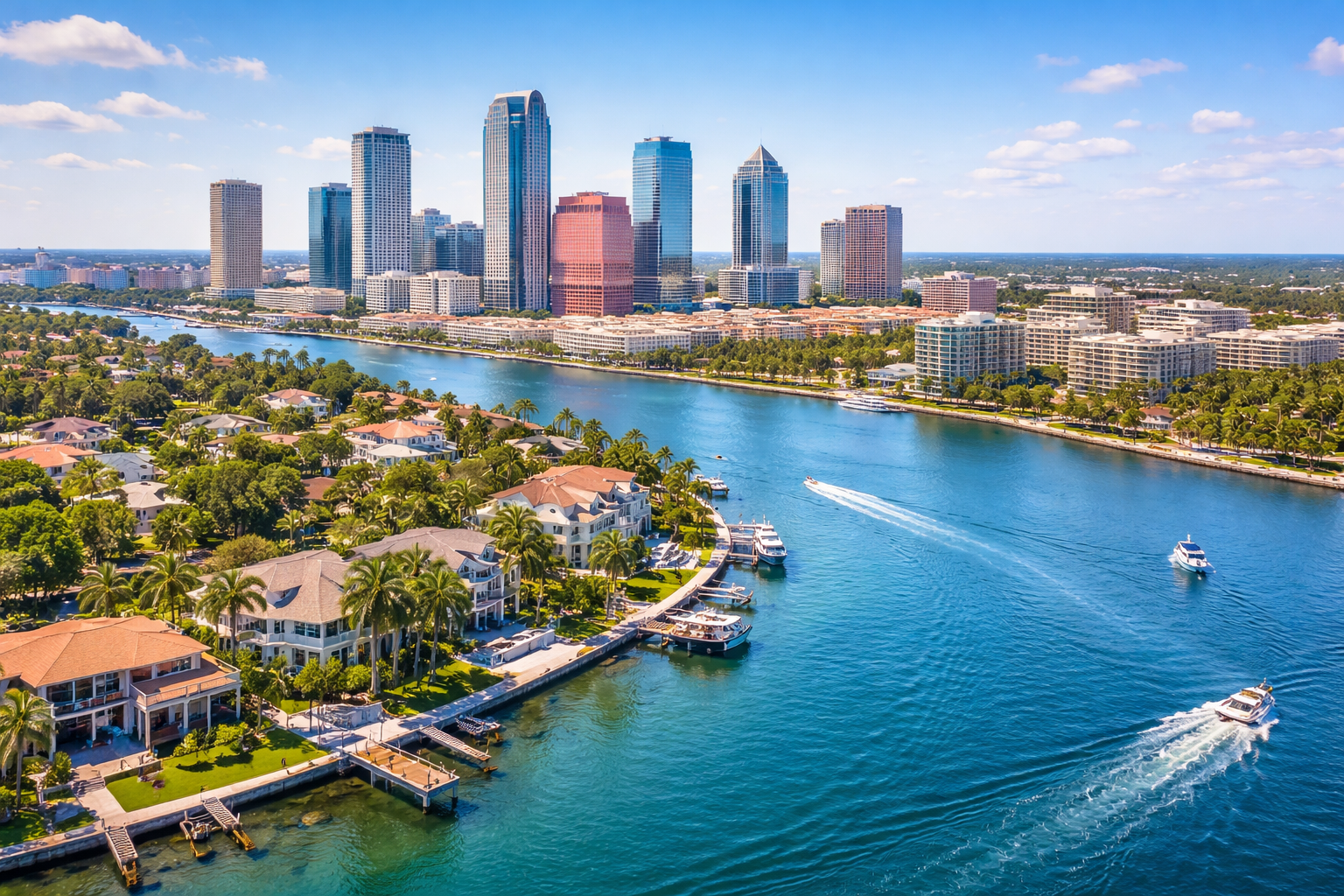 Aerial view of Tampa Bay showing the downtown skyline, waterfront homes, and blue water on a sunny day, highlighting why Tampa is a popular place to live.