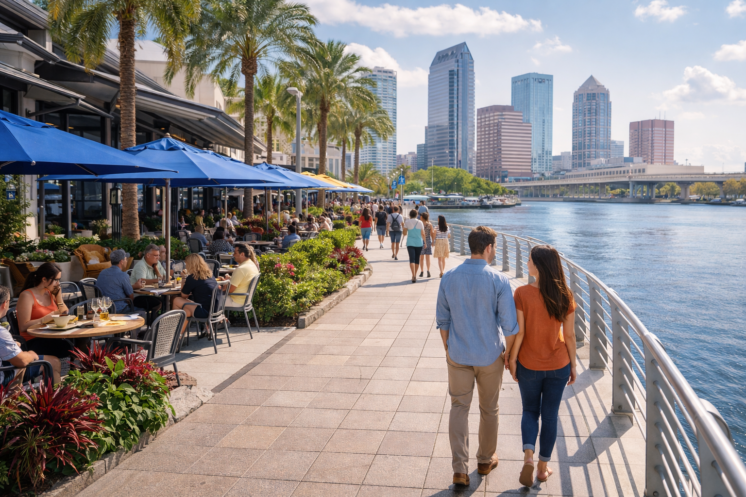 People enjoying Tampa Riverwalk with restaurants, walking paths, and waterfront views, showcasing Tampa Bay amenities and lifestyle.