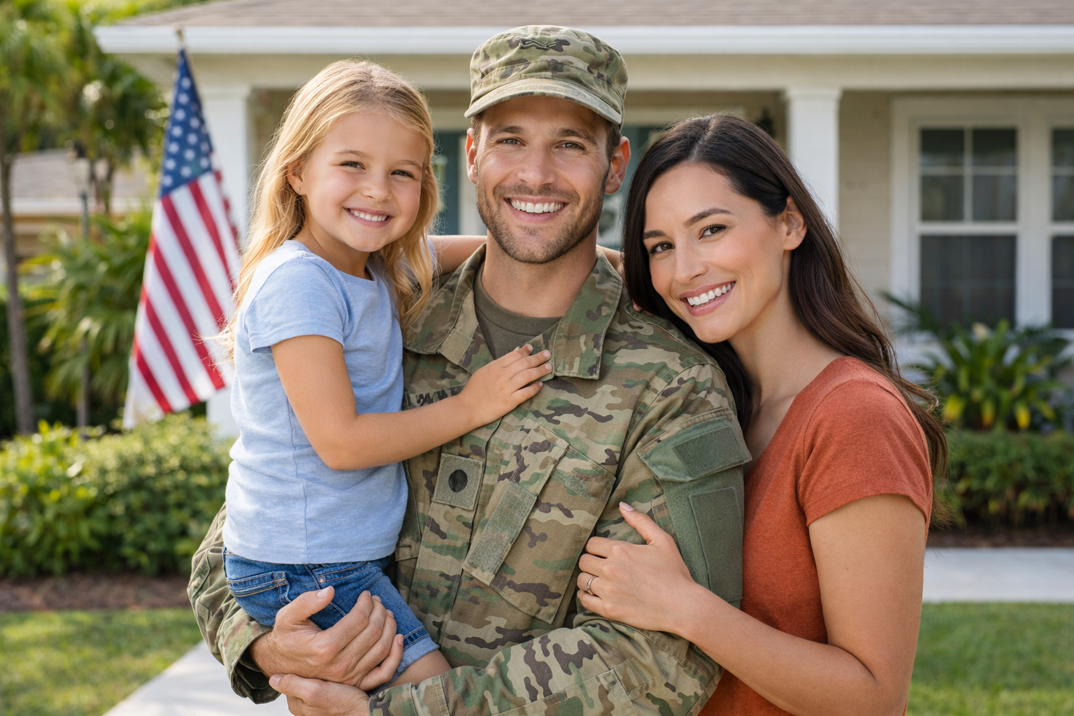 Military family purchasing a home near MacDill Air Force Base, representing VA home loan buyers relocating to the Tampa area.