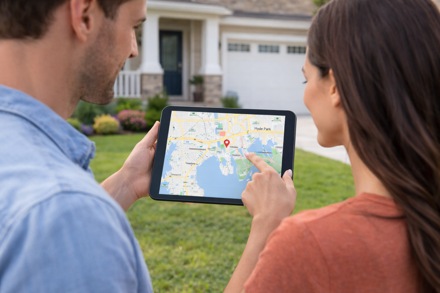 Relocating to Tampa Bay From Out of State  Image concept Buyers looking at a tablet or laptop with a map of Tampa while standing near a home.  Image description Relocation buyers reviewing Tampa Bay neighborhoods on a tablet while touring a home, highlighting out of state buyers moving to Tampa Florida.