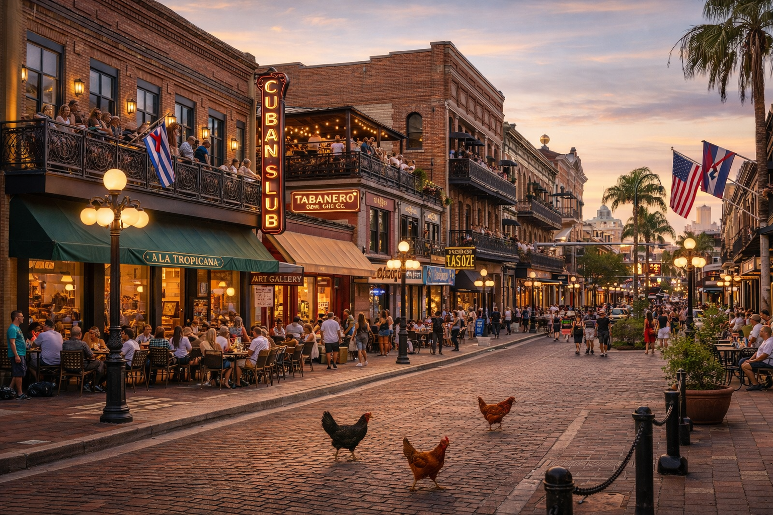 Historic Ybor City street in Tampa featuring classic brick architecture, Latin restaurants, rooftop bars, art galleries, and roaming chickens at sunset.