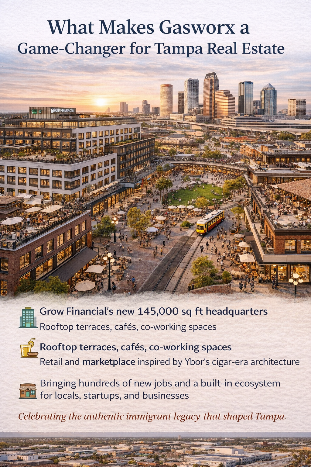 Gas Worx mixed-use development in Tampa featuring new offices, rooftop terraces, retail, and community spaces inspired by Ybor City’s historic architecture.