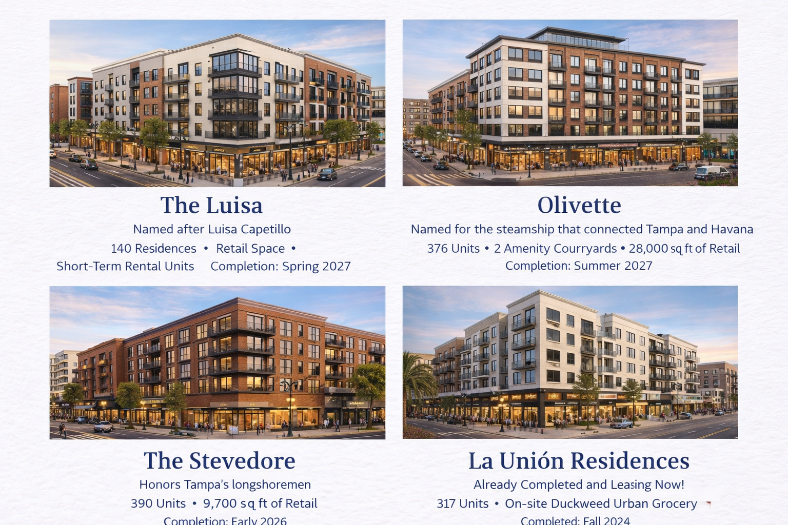 New residential buildings in the Gas Worx development in Tampa, featuring modern apartments, retail spaces, and amenities inspired by Ybor City’s historic roots.
