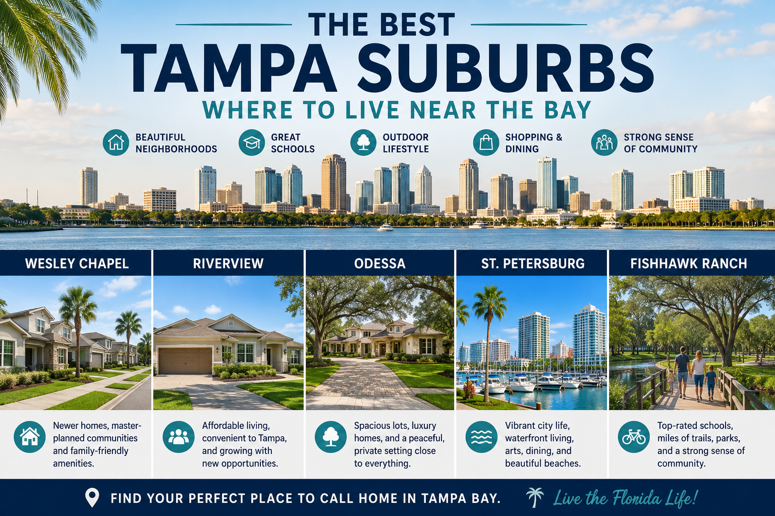 Discover the best Tampa Bay suburbs including Wesley Chapel, Riverview, Odessa, St. Petersburg, and FishHawk Ranch. Compare family-friendly communities, newer construction homes, coastal lifestyles, and suburban living options for buyers relocating to Florida.