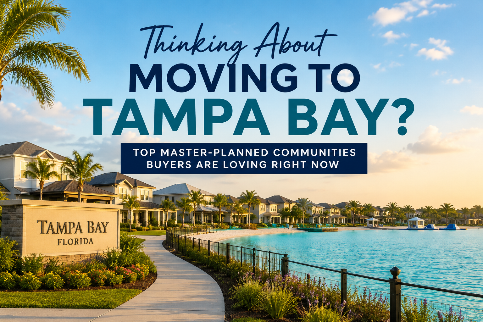 Families relocating to Tampa Bay exploring modern master-planned communities with lagoon-style amenities, palm trees, waterfront walking paths, and new construction homes in Wesley Chapel, Florida. Hero image representing popular Tampa Bay neighborhoods including Two Rivers, Mirada, and Epperson for homebuyers moving to Florida.