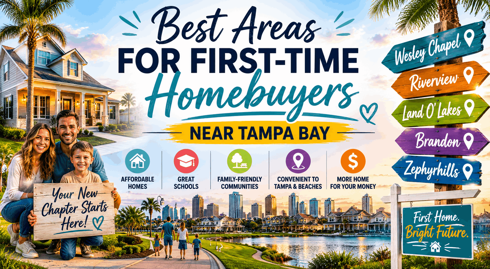 Featured image for a Tampa Bay first-time homebuyer guide showing a smiling family in front of a Florida home, colorful neighborhood signs for Wesley Chapel, Riverview, Land O’ Lakes, Brandon, and Zephyrhills, with Tampa Bay skyline views and messaging focused on affordable homes, family-friendly communities, and relocating to Florida.