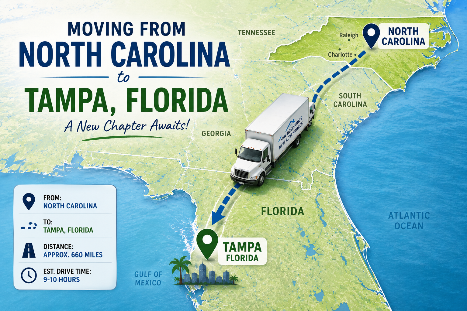 Moving truck traveling from North Carolina to Tampa, Florida after a successful home purchase, illustrating the relocation journey and mortgage process for out-of-state homebuyers