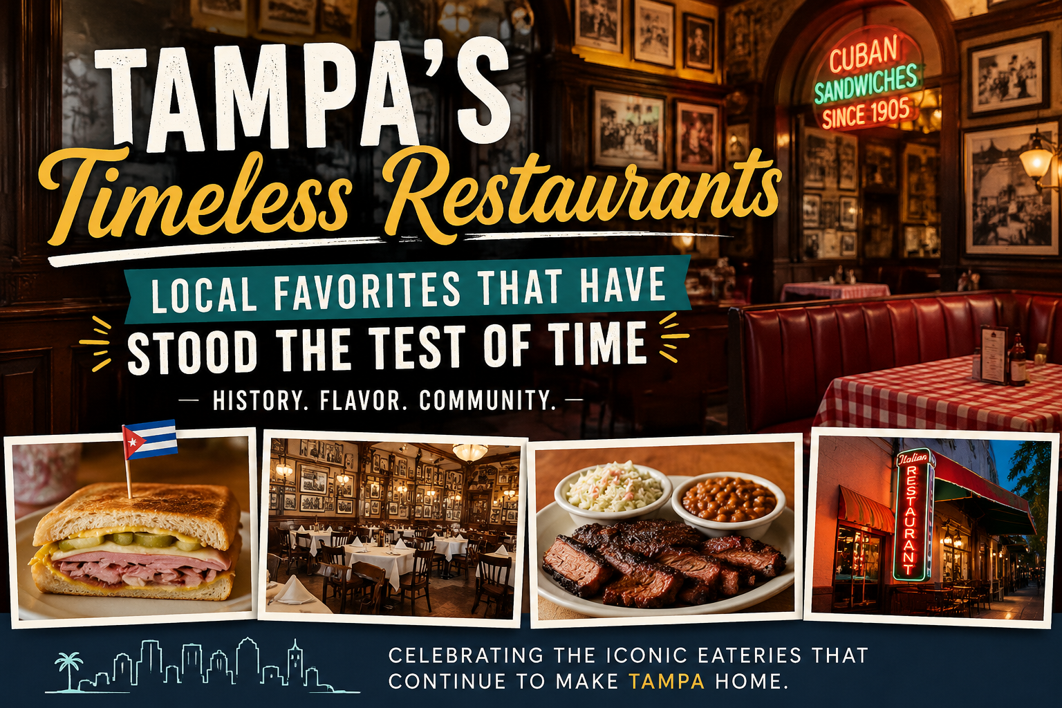 Historic Tampa restaurant interior featuring vintage décor, classic red booths, Cuban-inspired dining atmosphere, and traditional local cuisine. A visual showcase of Tampa's oldest restaurants, highlighting the city's rich culinary history, iconic eateries, Cuban sandwiches, barbecue, and family-owned dining destinations in Tampa Bay, Florida.