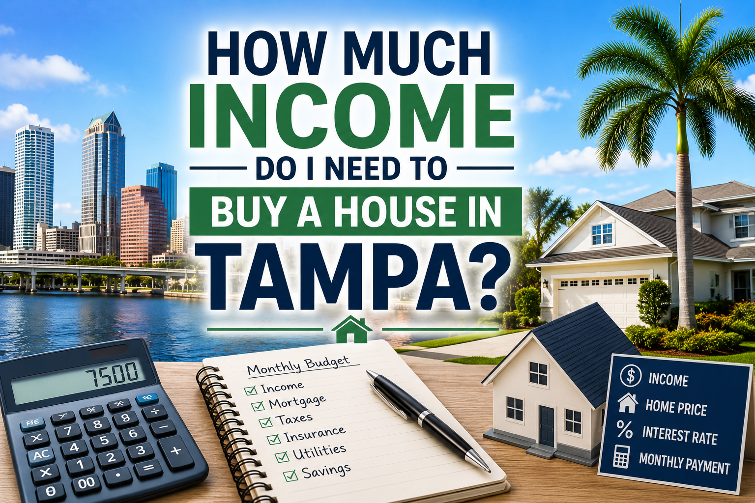 Tampa homebuyer reviewing income requirements to purchase a house with Tampa skyline and residential homes in the background.