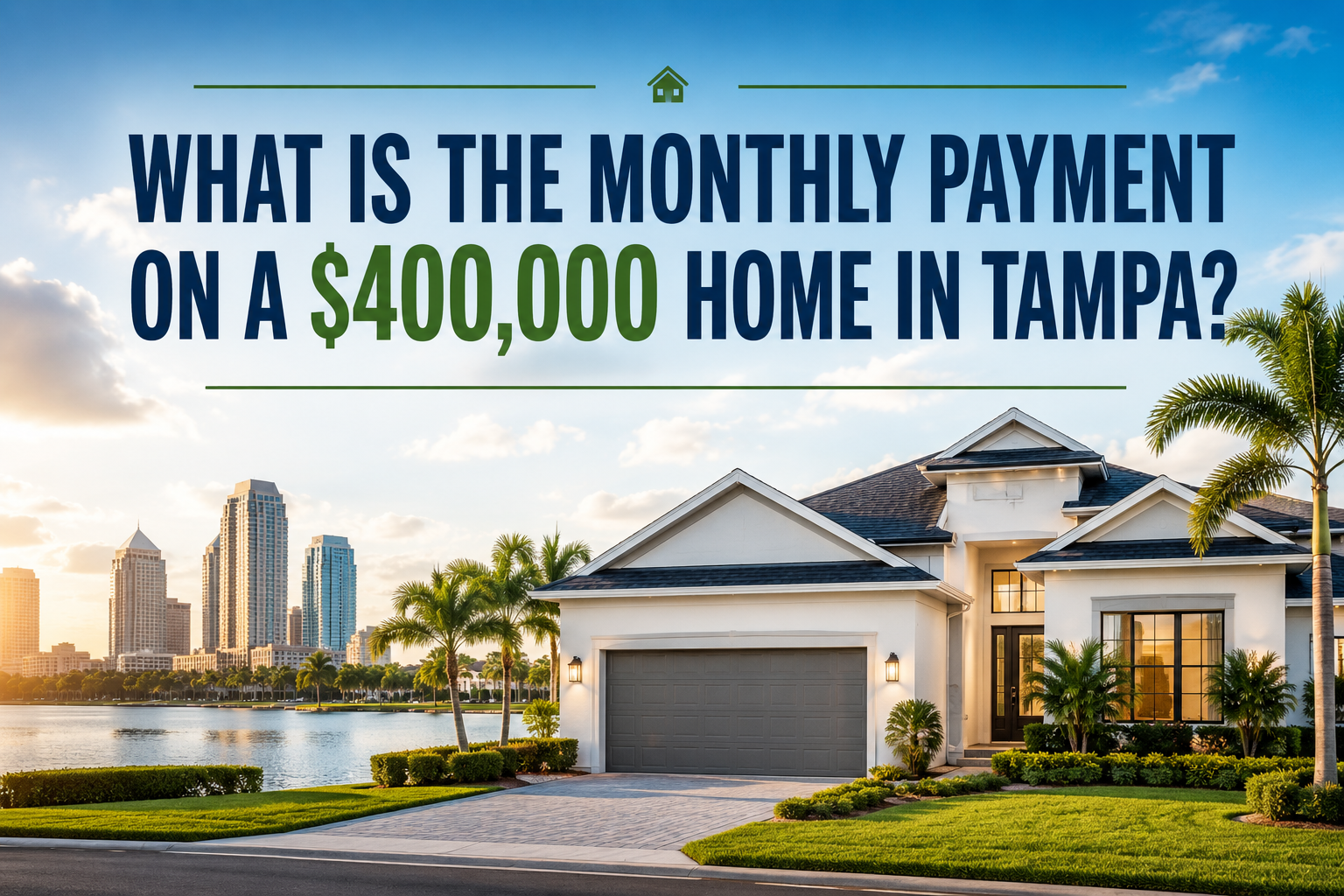Modern Tampa Bay home valued at approximately $400,000 with Tampa skyline in the background, illustrating estimated monthly mortgage payments, homeownership costs, property taxes, insurance, and affordability for Tampa homebuyers.