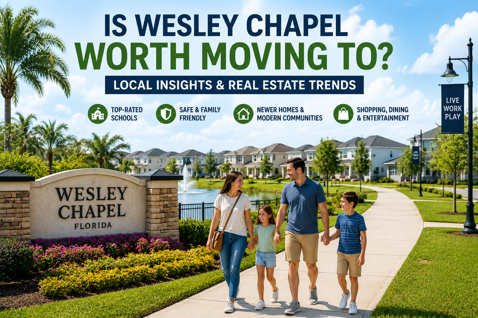 Family walking through a master-planned community in Wesley Chapel, Florida, highlighting top-rated schools, family-friendly neighborhoods, newer homes, shopping, and the lifestyle that makes Wesley Chapel one of the fastest-growing communities near Tampa Bay.