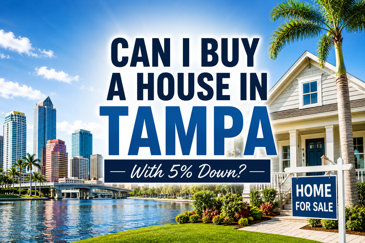 "Modern home overlooking Tampa waterfront with downtown Tampa skyline and palm trees in the background, featuring the headline 'Can I Buy a House in Tampa With 5% Down?'"