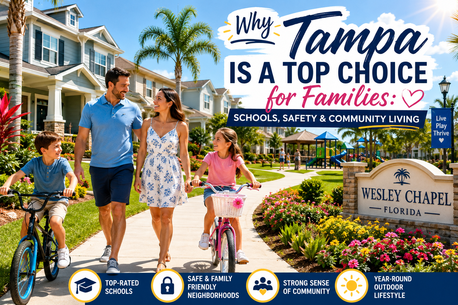 Happy family enjoying a family-friendly neighborhood in Tampa Bay, Florida, showcasing safe communities, top-rated schools, parks, and suburban living near Wesley Chapel and Tampa.