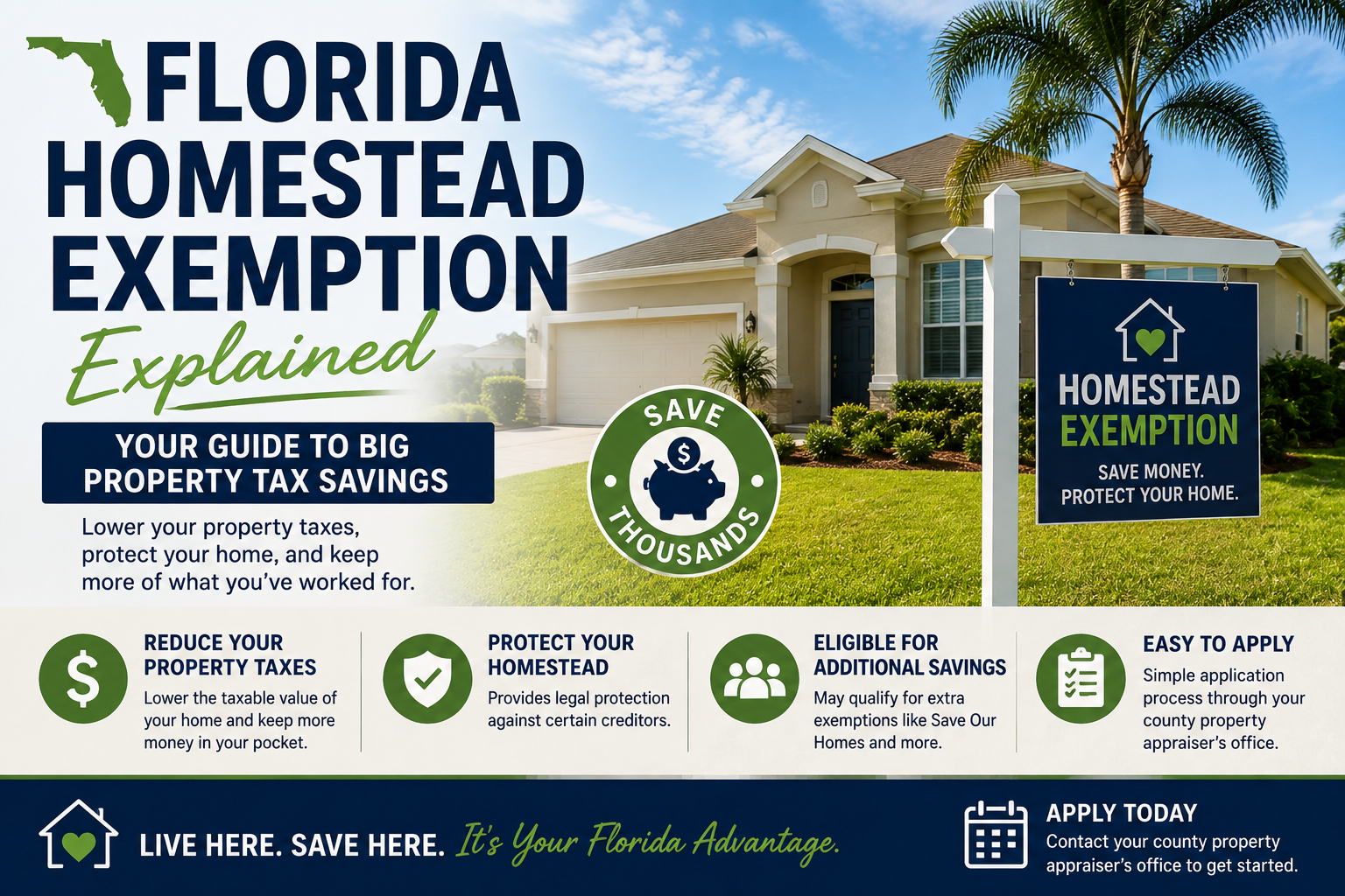 Florida home with palm trees representing the Florida Homestead Exemption, a property tax benefit that helps homeowners reduce property taxes, save money, and protect their primary residence.