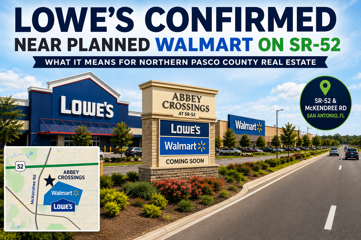A rendering of the planned Lowe's and Walmart development at Abbey Crossings along SR-52, a major commercial project expected to support continued residential growth near Wesley Chapel and northern Pasco County.