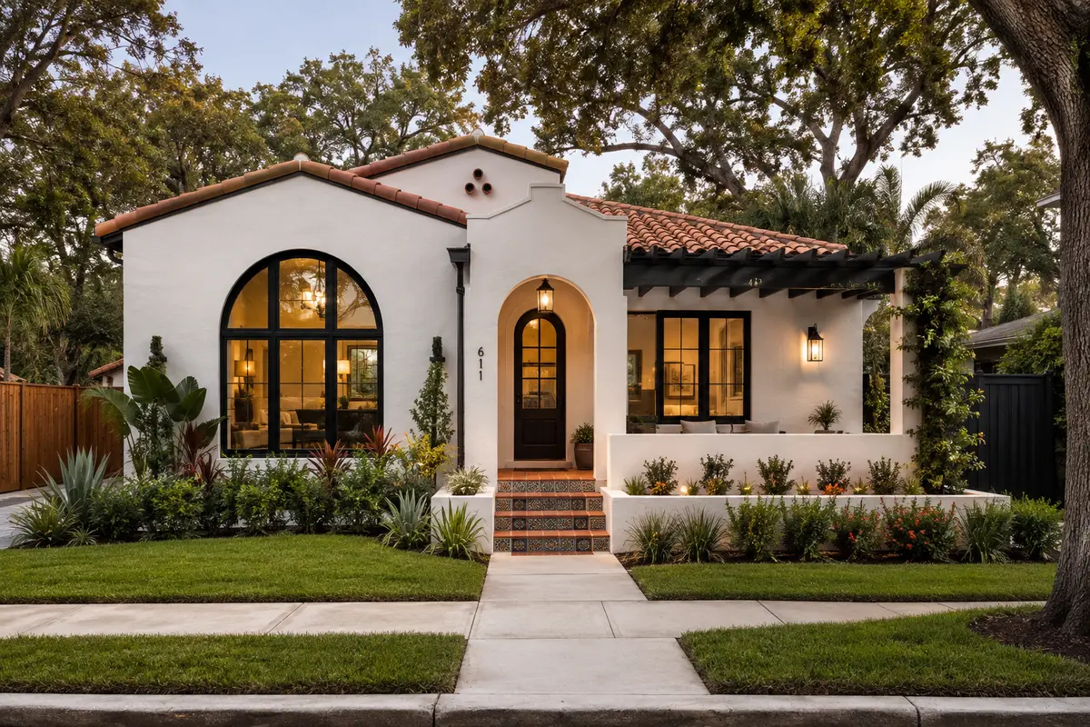 Modern Spanish-style bungalow in Old Seminole Heights, Tampa, Florida, featuring white stucco, terracotta roof tiles, arched windows, covered front porch, and tropical landscaping