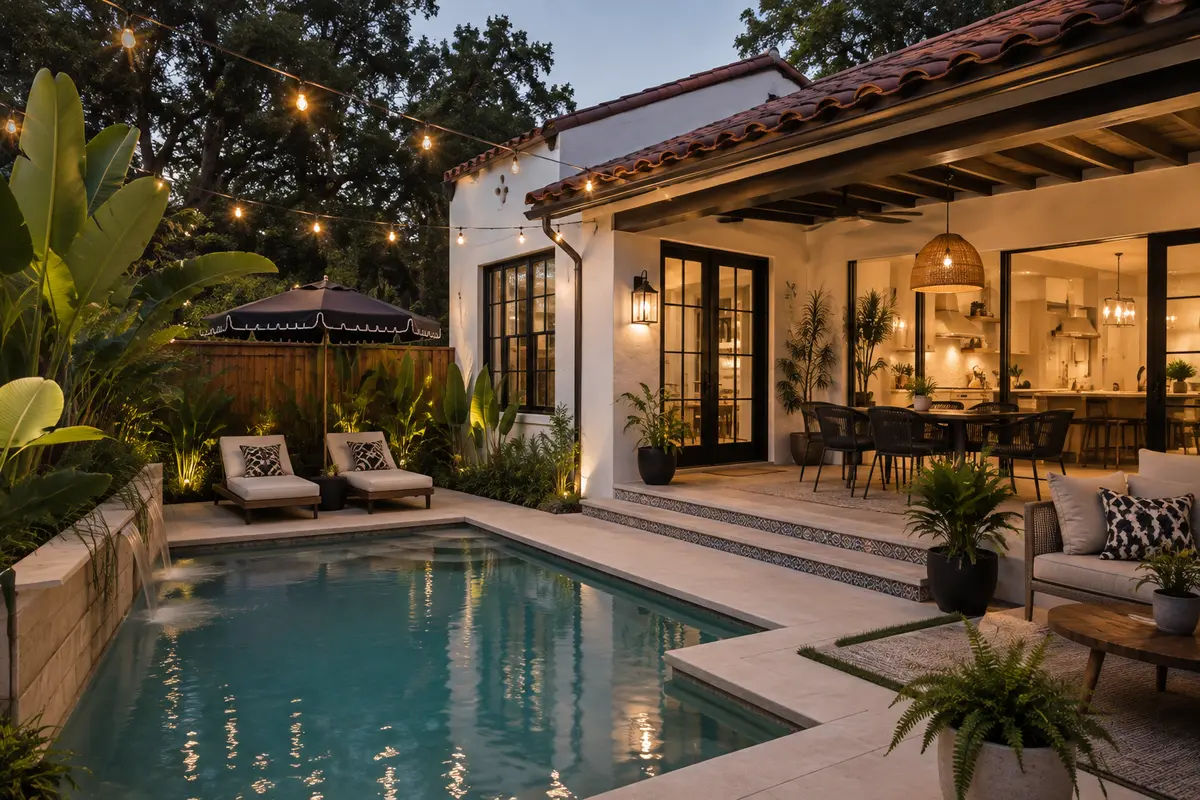 Spanish-style bungalow backyard in Old Seminole Heights, Tampa, Florida, featuring a private swimming pool, covered outdoor terrace, tropical landscaping, string lights, and modern outdoor living space.