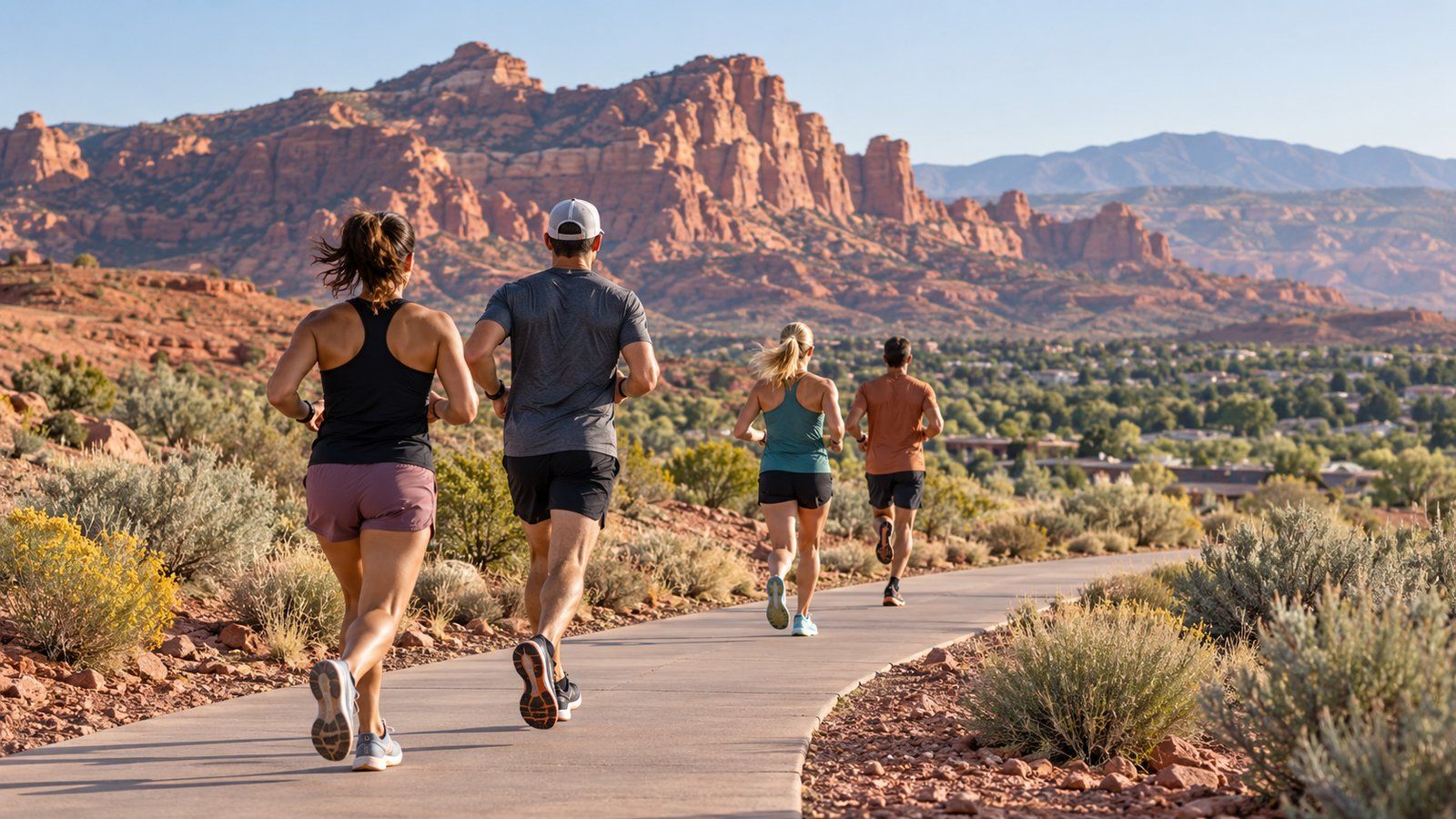 Four runners follow a paved trail beneath red sandstone cliffs