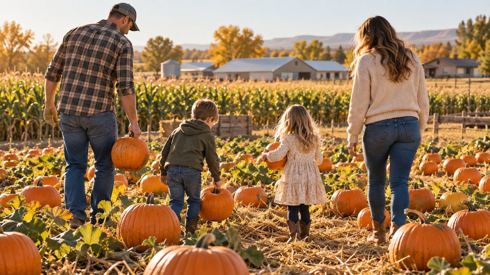 Family picks pumpkins in a sunlit patch beside a cornfield