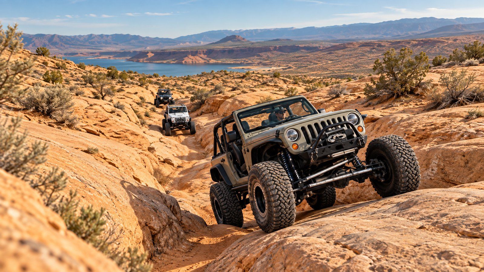 Off-road Jeeps climbing a sandstone trail above a reservoir, with mountains in the distance