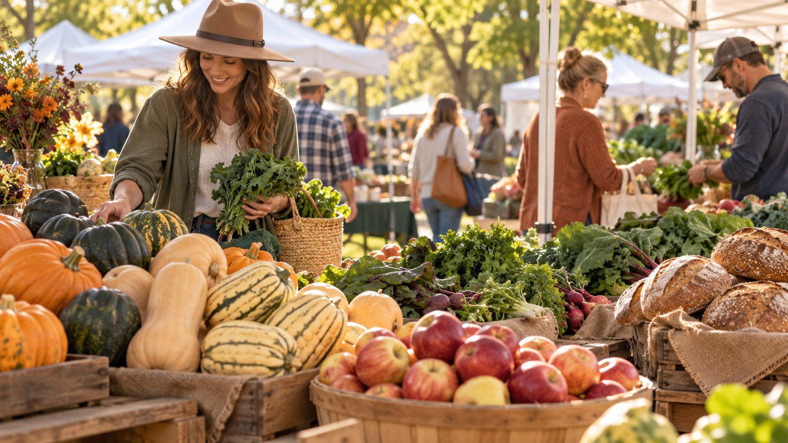 Shoppers browse autumn produce at an outdoor farmers market with pumpkins, apples and fresh bread
