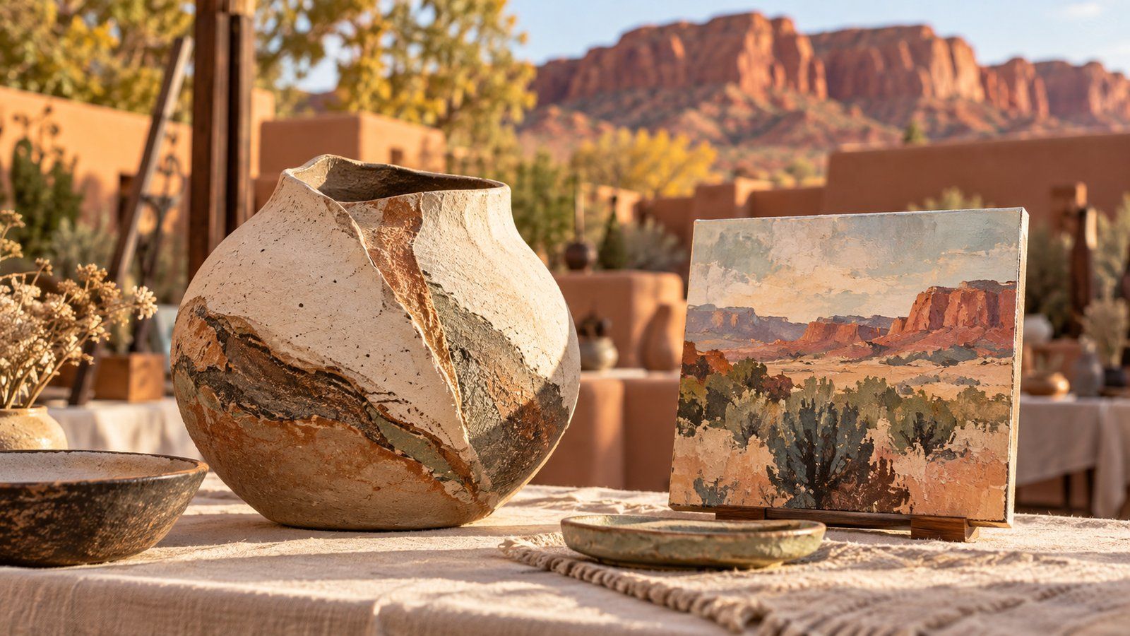 Ceramic pottery and a red-rock landscape painting displayed outdoors against sandstone cliffs