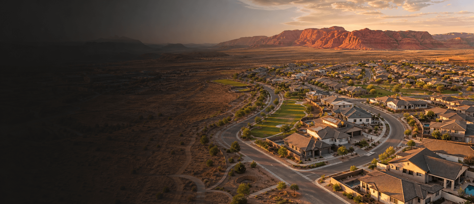 Aerial view of a Southern Utah investment property neighborhood at sunset