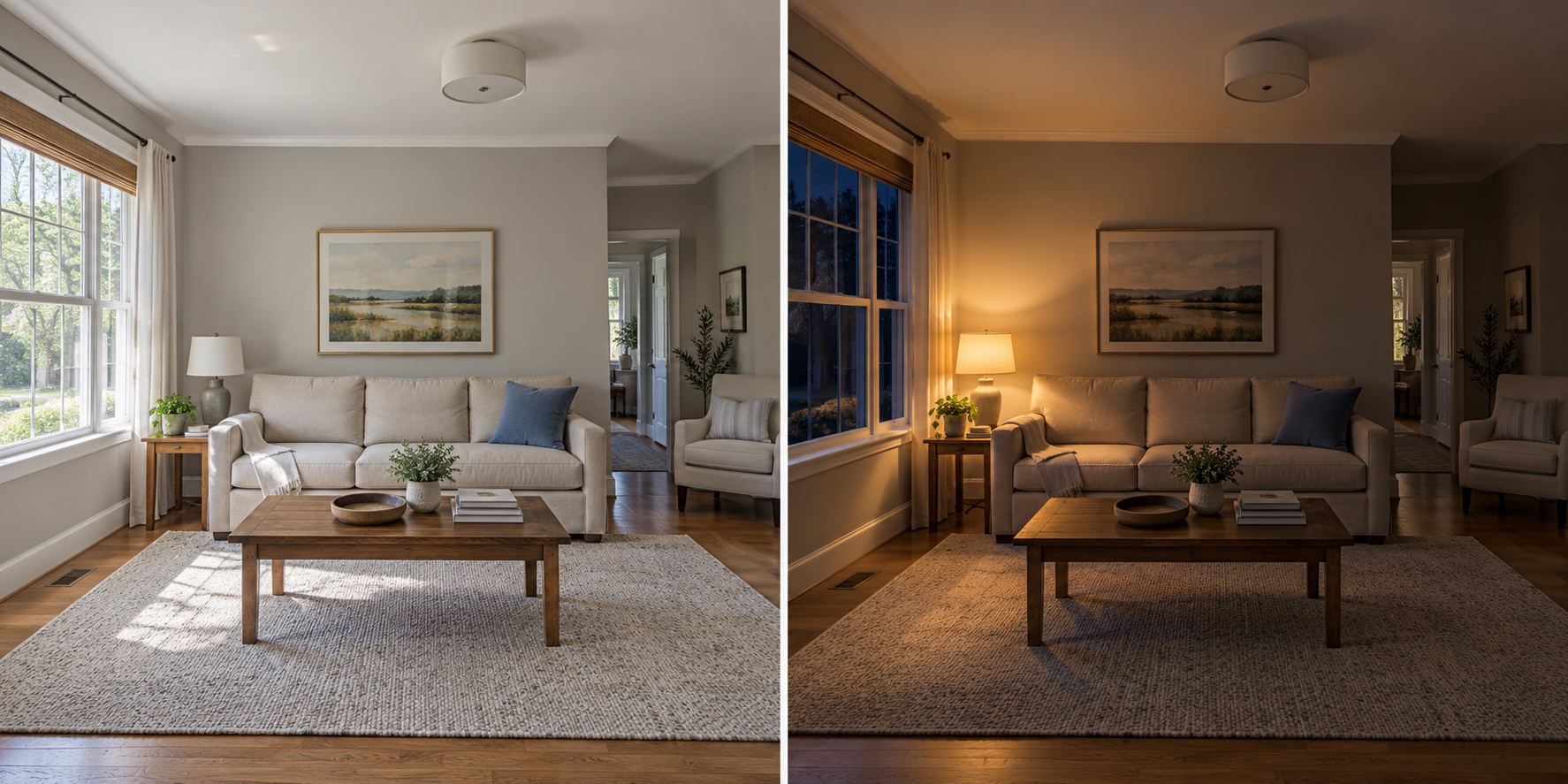 AI-generated comparison of the same living room in bright daylight and after dark with a single lamp casting warm light.