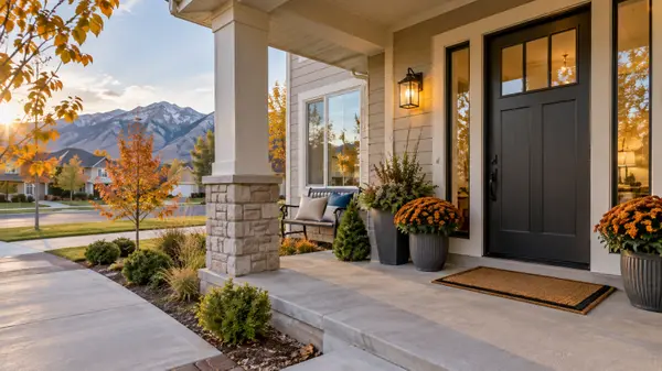 Clean Utah home front porch with fall planters, warm lighting, and simple curb appeal updates.
