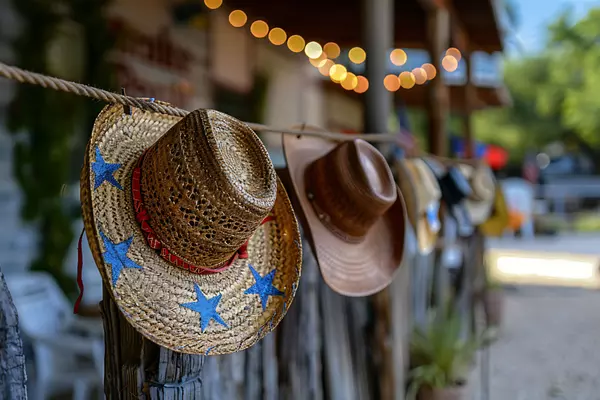 Cowboy hats hanging on line outside restaurant_1220154515