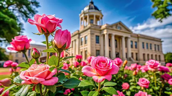 Smith County Courthouse with pink roses in Tyler TX_1052876345