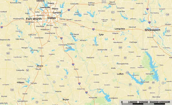 Location Regional Map Wooster Ranch for Sale Near Overton TX in Rusk County