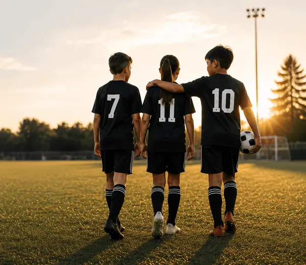 ChatGPT soccer players on field sunset Image