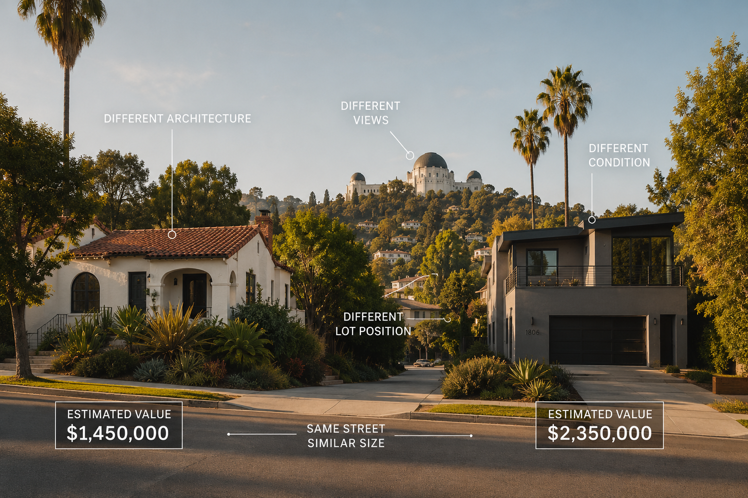 Los Feliz hillside neighborhood with Spanish Colonial Revival homes and views toward Griffith Park