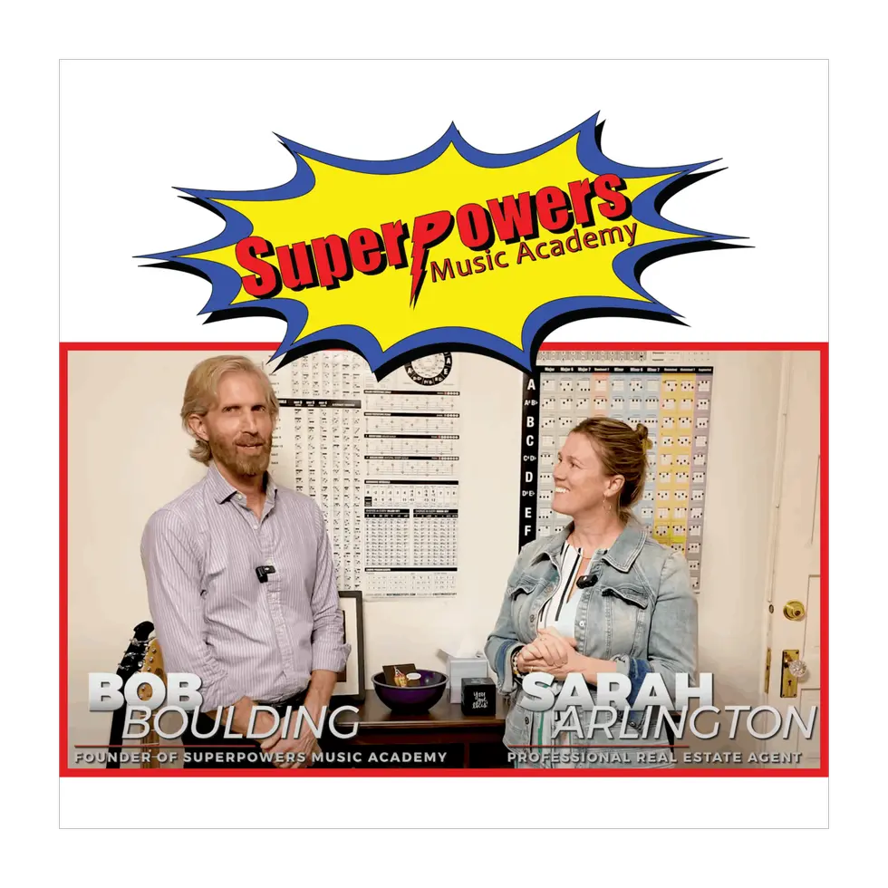 SuperPowers Music Academy logo above Bob Boulding and Sarah Arlington in the Los Feliz studio