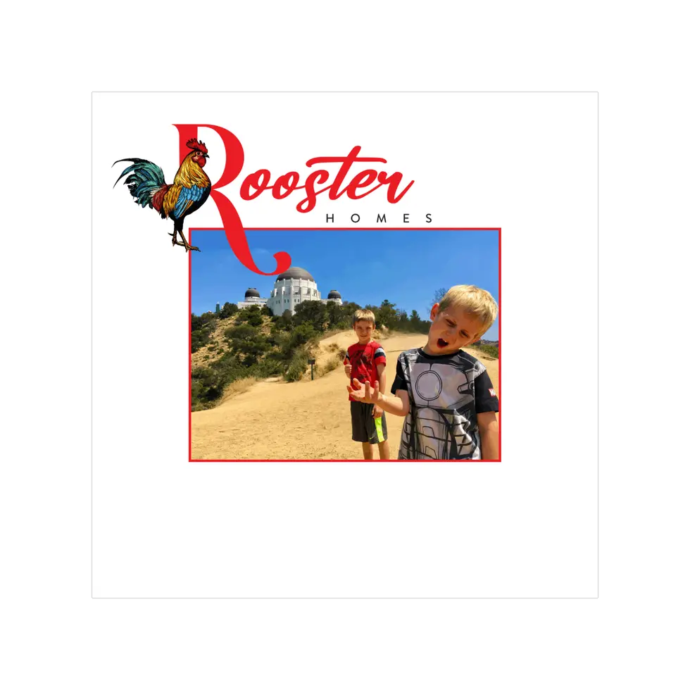 Rooster Homes logo above a photo on the trail below the Griffith Observatory