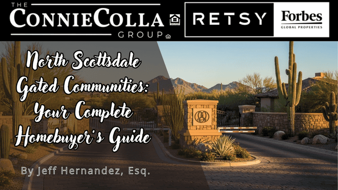 Entrance to a North Scottsdale gated community with desert landscape and mountain views